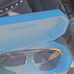 Swarovski Silver Crystal-Trim Aviator Sunglasses with Gray Lenses